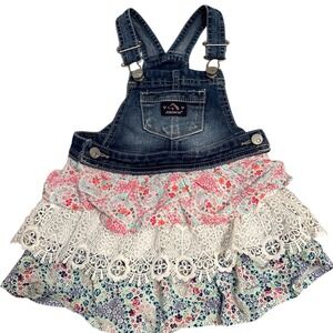 Jordache Girls Denim Overall Dress Tiered Floral Ruffle Lace Pinafore Size 3T